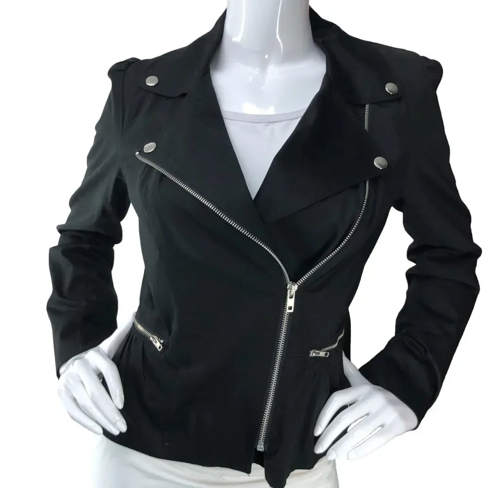 Sandro Womens Size S Biker Jacket Asymmetrical Cotton Zip Pockets Black